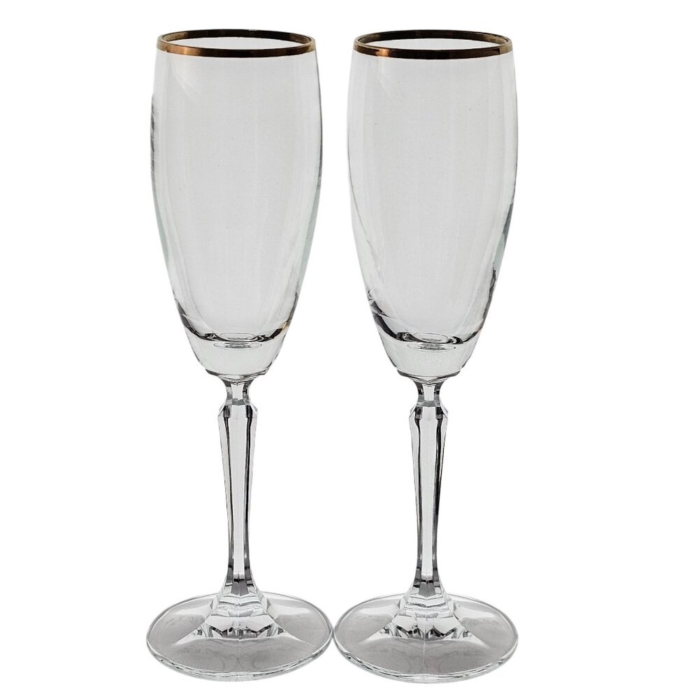 2 Schott Zwiesel Concord Gold Champagne Glasses 9" 1990s gold rim stemware vtg G - Picture 2 of 9